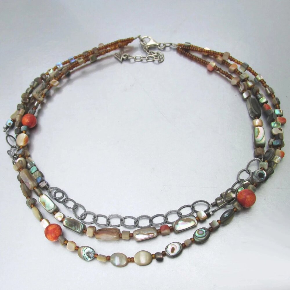 SILPADA Sterling Silver 3 Strand FIESTA FUN Abalone Coral Retired Necklace N1563 - Picture 2 of 5